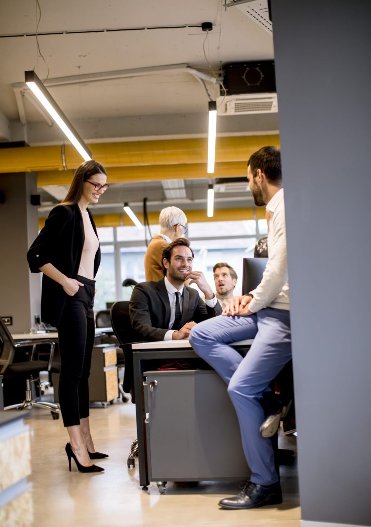 Senior businesswoman and group of young business people work in a modern office
